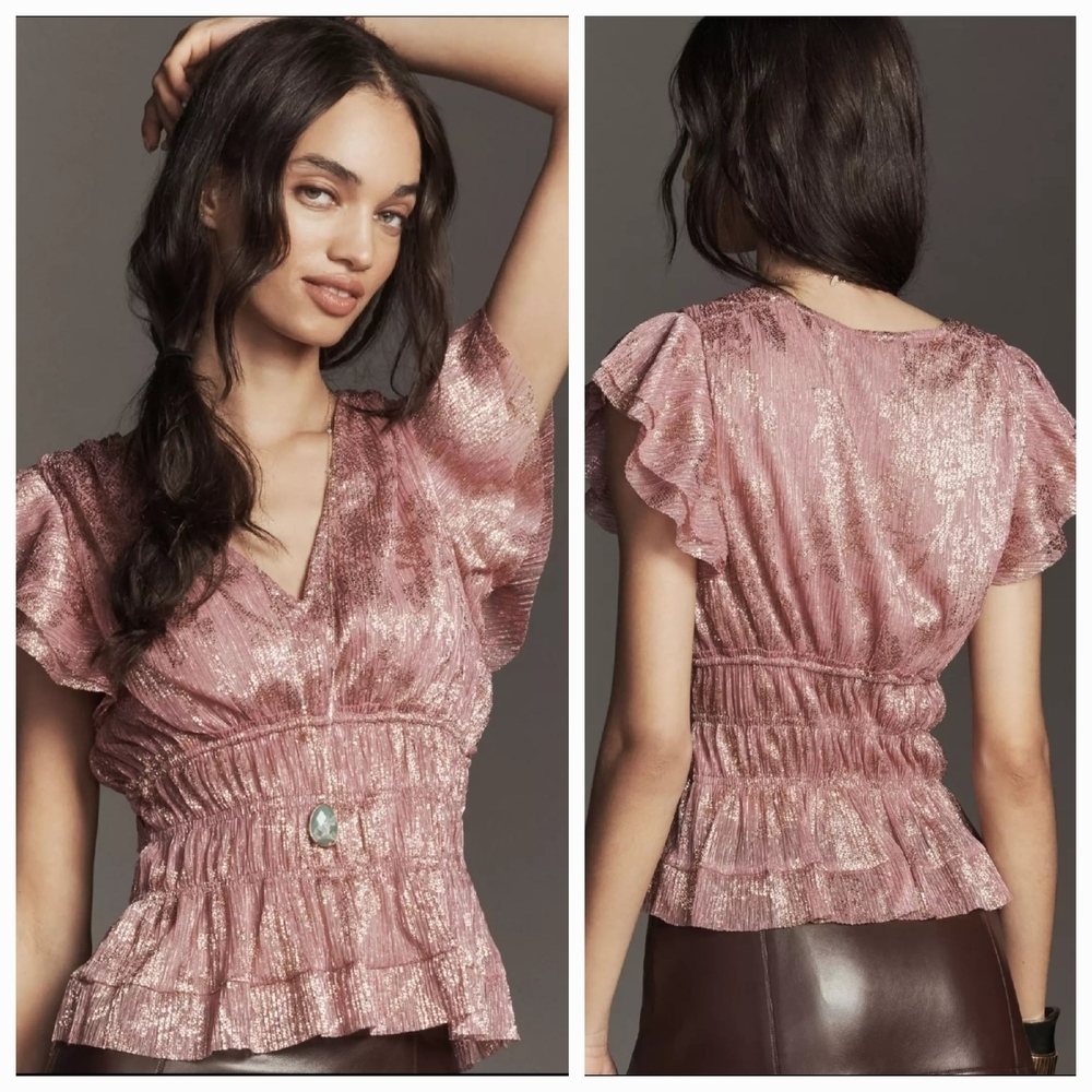 NWT Anthropologie Smocked Pink Metallic Blouse Short-Sleeve Size M and L